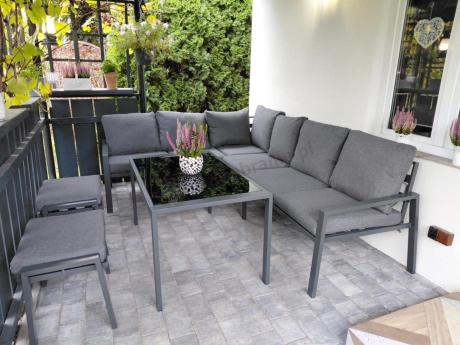 Komplet mebli na taras - narożnik 184x239cm, 2 pufy, stół 120cm - Sodor Corner XL - Dark Grey