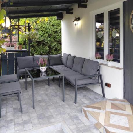 Komplet mebli na taras - narożnik 184x239cm, 2 pufy, stół 120cm - Sodor Corner XL - Dark Grey