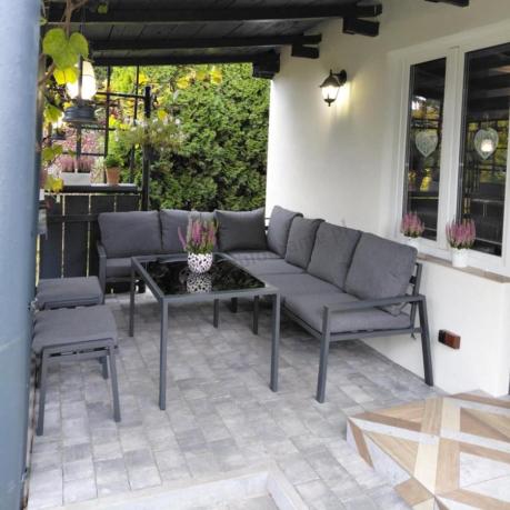 Komplet mebli na taras - narożnik 184x239cm, 2 pufy, stół 120cm - Sodor Corner XL - Dark Grey