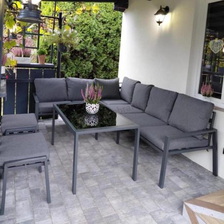 Komplet mebli na taras - narożnik 184x239cm, 2 pufy, stół 120cm - Sodor Corner XL - Dark Grey