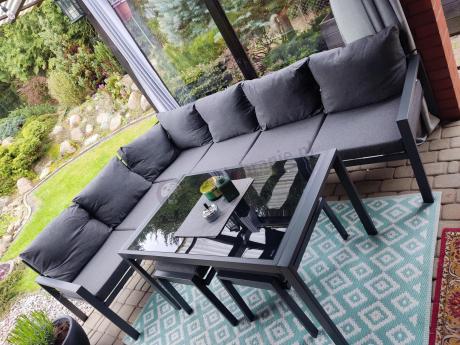 Komplet mebli na taras - narożnik 184x239cm, 2 pufy, stół 120cm - Sodor Corner XL - Dark Grey