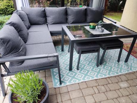 Komplet mebli na taras - narożnik 184x239cm, 2 pufy, stół 120cm - Sodor Corner XL - Dark Grey