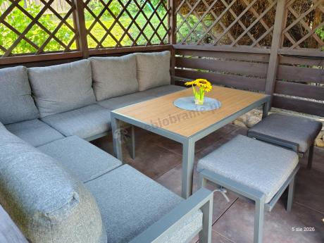 Komplet mebli na taras - narożnik 184x239cm, 2 pufy, stół 120cm - Sodor Corner XL - Dark Grey Polywood