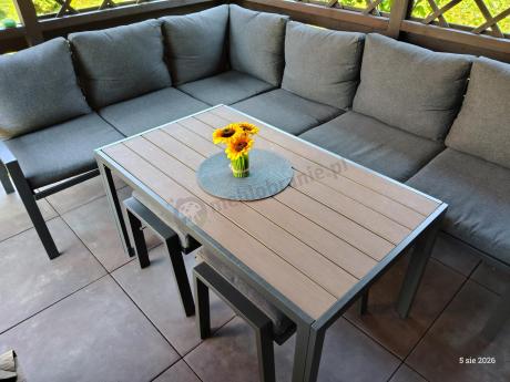 Komplet mebli na taras - narożnik 184x239cm, 2 pufy, stół 120cm - Sodor Corner XL - Dark Grey Polywood