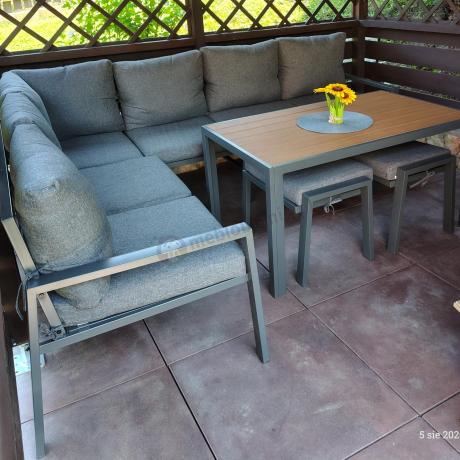 Komplet mebli na taras - narożnik 184x239cm, 2 pufy, stół 120cm - Sodor Corner XL - Dark Grey Polywood
