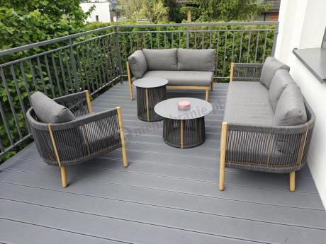Komplet mebli na taras aluminiowy dla 6 os. narożnik z fotelem i dwoma stolikami rope style premium Narello - Antraci