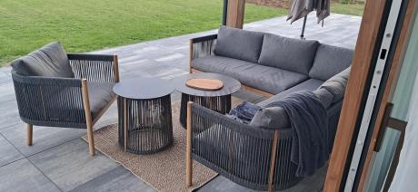 Komplet mebli na taras aluminiowy dla 6 os. narożnik z fotelem i dwoma stolikami rope style premium Narello - Antraci