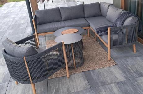 Komplet mebli na taras aluminiowy dla 6 os. narożnik z fotelem i dwoma stolikami rope style premium Narello - Antraci