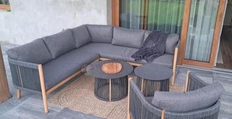 Komplet mebli na taras aluminiowy dla 6 os. narożnik z fotelem i dwoma stolikami rope style premium Narello - Antraci