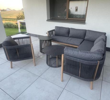 Komplet mebli na taras aluminiowy dla 6 os. narożnik z fotelem i dwoma stolikami rope style premium Narello - Antraci