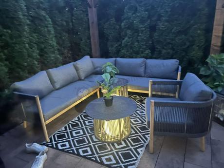 Komplet mebli na taras aluminiowy dla 6 os. narożnik z fotelem i dwoma stolikami rope style premium Narello - Antraci