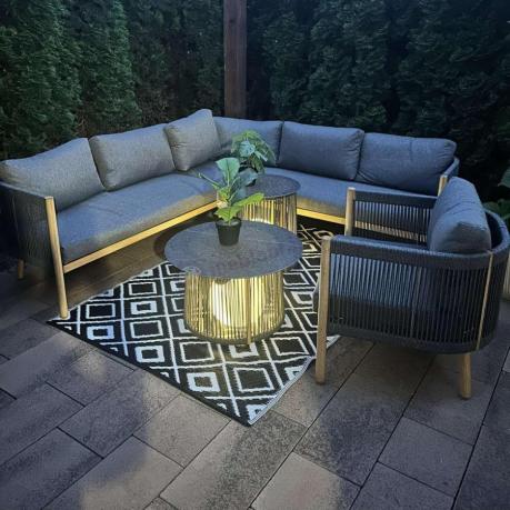 Komplet mebli na taras aluminiowy dla 6 os. narożnik z fotelem i dwoma stolikami rope style premium Narello - Antraci