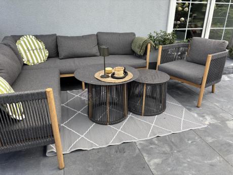 Komplet mebli na taras aluminiowy dla 6 os. narożnik z fotelem i dwoma stolikami rope style premium Narello - Antraci