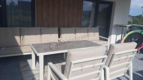 Komplet mebli na taras dla 8 osób - 2 sofy, 2 fotele i wysoki stół - Tavaro Grande Cream