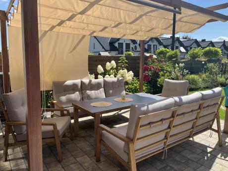 Komplet mebli na taras z dwiema sofami i wysokim stołem obiadowym - Tavaro Grande Wood