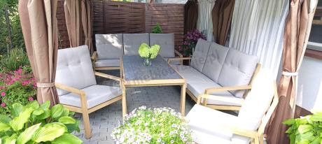 Komplet mebli na taras z dwiema sofami i wysokim stołem obiadowym - Tavaro Grande Wood