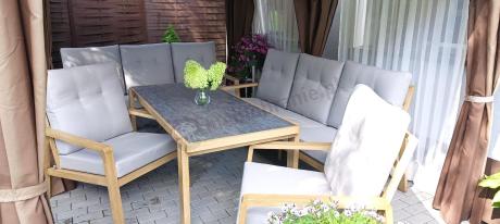 Komplet mebli na taras z dwiema sofami i wysokim stołem obiadowym - Tavaro Grande Wood