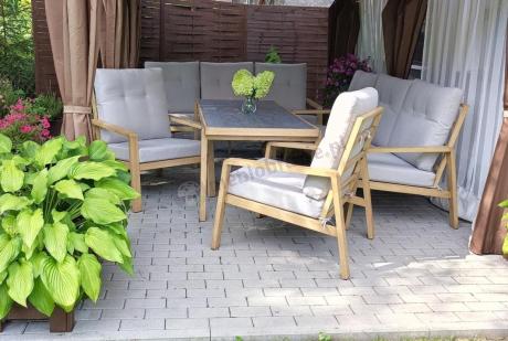 Komplet mebli na taras z dwiema sofami i wysokim stołem obiadowym - Tavaro Grande Wood