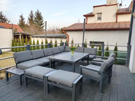 Komplet mebli na taras z narożnikiem, fotelami i pufami - Calamba Corner XXL - Antracite