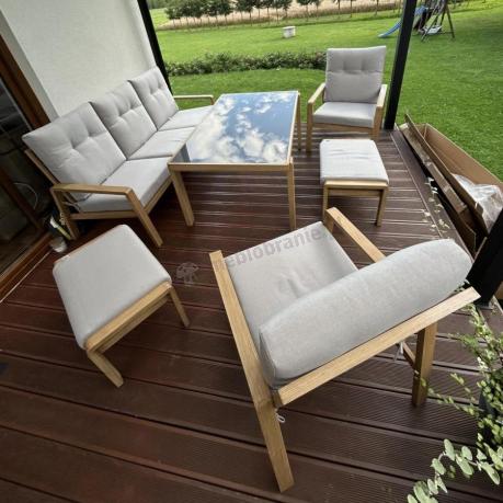Komplet mebli na taras z sofą, dwoma fotelami i pufami - imitacja drewna - Tavaro Dining Wood
