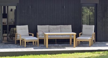 Komplet mebli na taras z sofą, dwoma fotelami i pufami - imitacja drewna - Tavaro Dining Wood