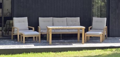 Komplet mebli na taras z sofą, dwoma fotelami i pufami - imitacja drewna - Tavaro Dining Wood