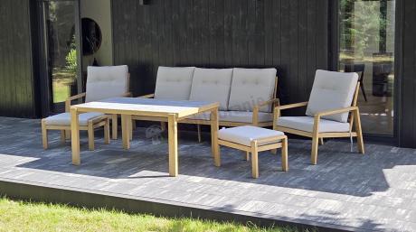 Komplet mebli na taras z sofą, dwoma fotelami i pufami - imitacja drewna - Tavaro Dining Wood