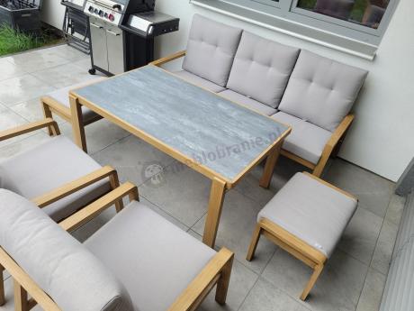 Komplet mebli na taras z sofą, dwoma fotelami i pufami - imitacja drewna - Tavaro Dining Wood