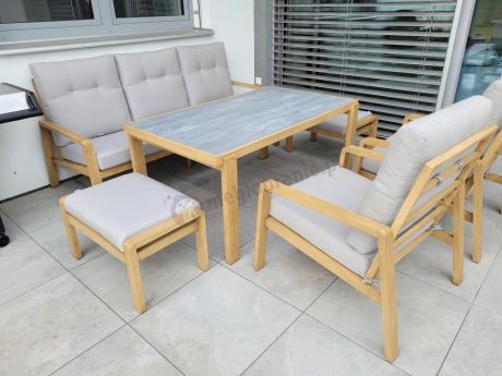 Komplet mebli na taras z sofą, dwoma fotelami i pufami - imitacja drewna - Tavaro Dining Wood