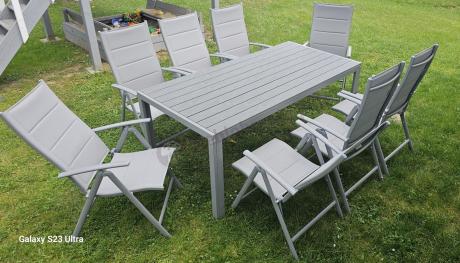 Komplet mebli obiadowych do ogrodu - stół i 8 regulowanych foteli - Kanbery Silver 8+1