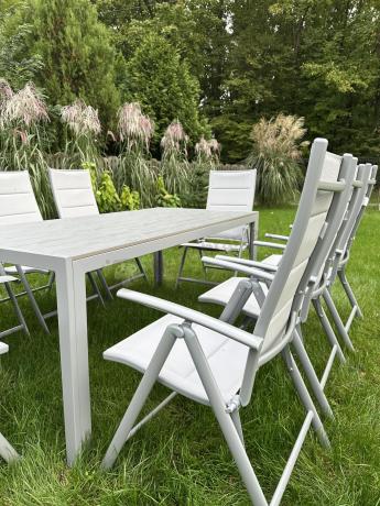 Komplet mebli obiadowych do ogrodu - stół i 8 regulowanych foteli - Kanbery Silver 8+1