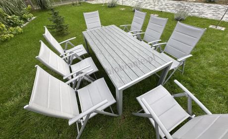 Komplet mebli obiadowych do ogrodu - stół i 8 regulowanych foteli - Kanbery Silver 8+1