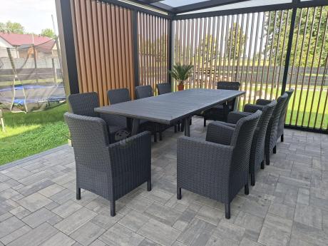 Komplet mebli obiadowych na taras Kantara Comfort z rozkładanym stołem 160-240 cm i 10 fotelami