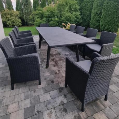 Komplet mebli obiadowych na taras Kantara Comfort z rozkładanym stołem 160-240 cm i 10 fotelami