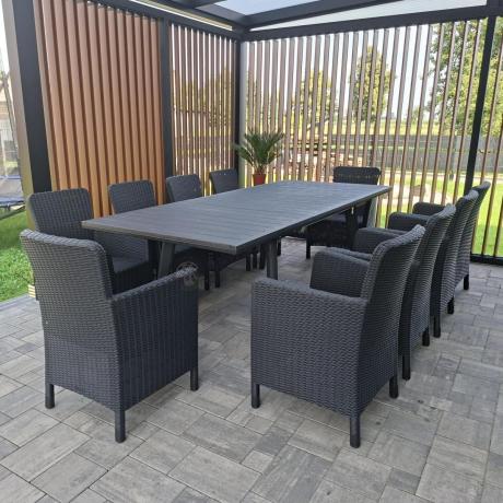 Komplet mebli obiadowych na taras Kantara Comfort z rozkładanym stołem 160-240 cm i 10 fotelami