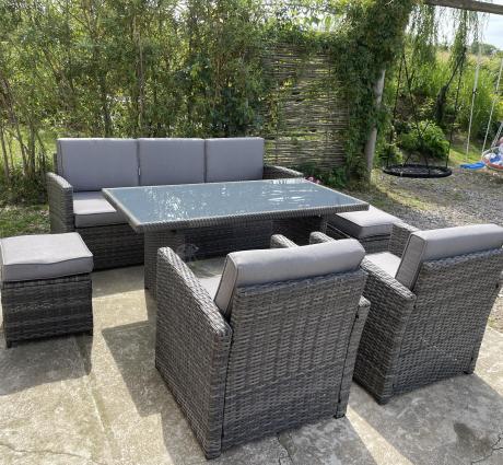 Komplet mebli obiadowych z dużą sofą 186cm technorattan Cofete Dining – Dark Grey