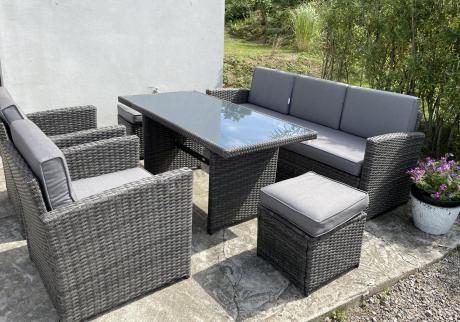Komplet mebli obiadowych z dużą sofą 186cm technorattan Cofete Dining – Dark Grey