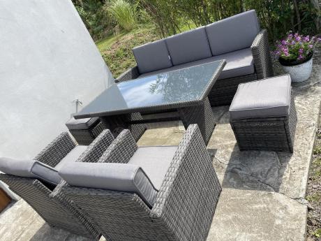 Komplet mebli obiadowych z dużą sofą 186cm technorattan Cofete Dining – Dark Grey