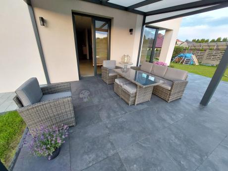 Komplet mebli obiadowych z dużą sofą 186cm technorattan Cofete Dining – Dark Grey