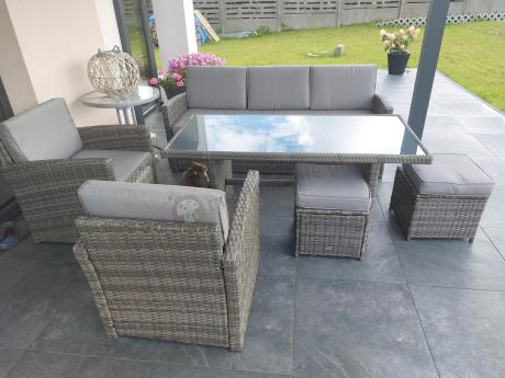 Komplet mebli obiadowych z dużą sofą 186cm technorattan Cofete Dining – Dark Grey