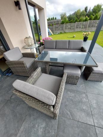 Komplet mebli obiadowych z dużą sofą 186cm technorattan Cofete Dining – Dark Grey