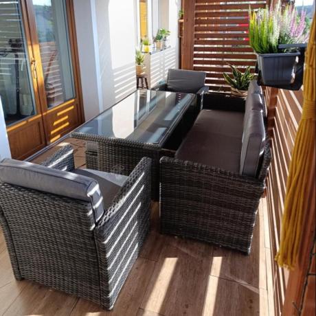 Komplet mebli obiadowych z dużą sofą 186cm technorattan Cofete Dining – Dark Grey