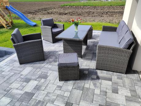 Komplet mebli obiadowych z dużą sofą 186cm technorattan Cofete Dining – Dark Grey