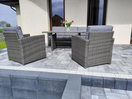 Komplet mebli obiadowych z dużą sofą 186cm technorattan Cofete Dining – Dark Grey