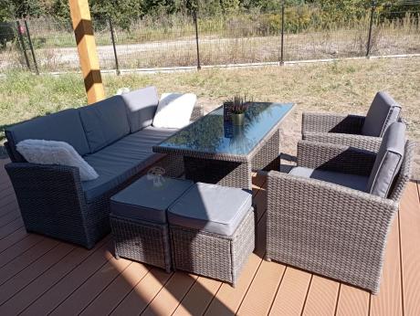 Komplet mebli obiadowych z dużą sofą 186cm technorattan Cofete Dining – Dark Grey