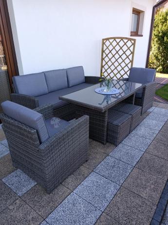 Komplet mebli obiadowych z dużą sofą 186cm technorattan Cofete Dining – Dark Grey