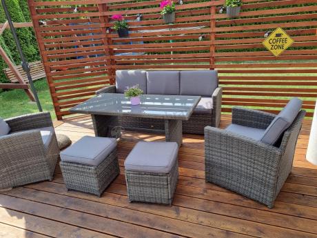 Komplet mebli obiadowych z dużą sofą 186cm technorattan Cofete Dining – Dark Grey