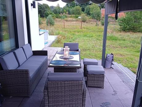 Komplet mebli obiadowych z dużą sofą 186cm technorattan Cofete Dining – Dark Grey
