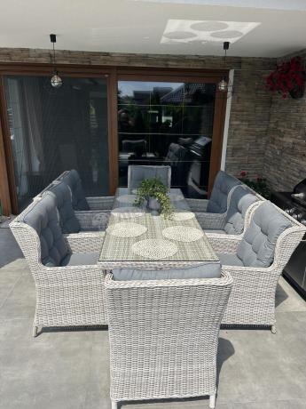 Komplet mebli obiadowych z technorattanu - stół z nogą X + 8 foteli - Laritto Creme