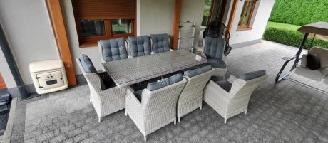 Komplet mebli obiadowych z technorattanu - stół z nogą X + 8 foteli - Laritto Creme